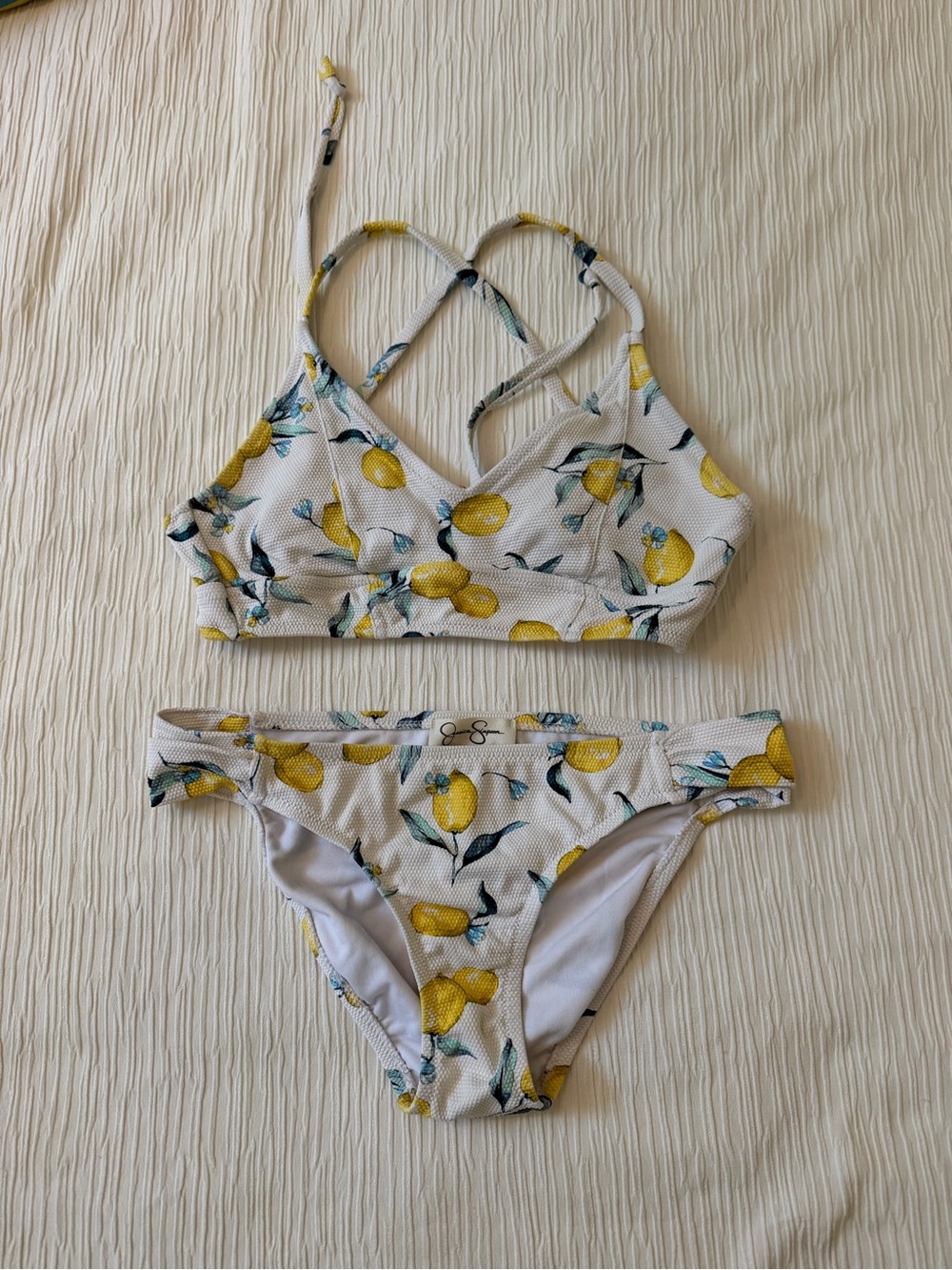 Jessica Simpson White Bikini with Yellow and Blue Accent Print